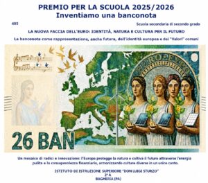 Bozza della banconota con cui alunni/e della classe II A di Grafica e Comunicazione hanno partecipato al Concorso della Banca di Italia
